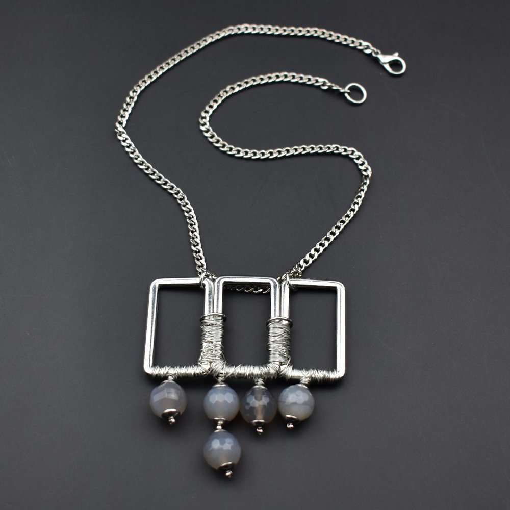 Unusual quirky necklace, large geometric pendant necklace silver tone